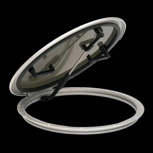 Bomar A&P Series Low Profile 20 5/16″ Dia Round Extruded Aluminum Hatch - Color: Clear Anodized | Lens Color: Smoked | Hinge Type: External Aluminum - Image 1