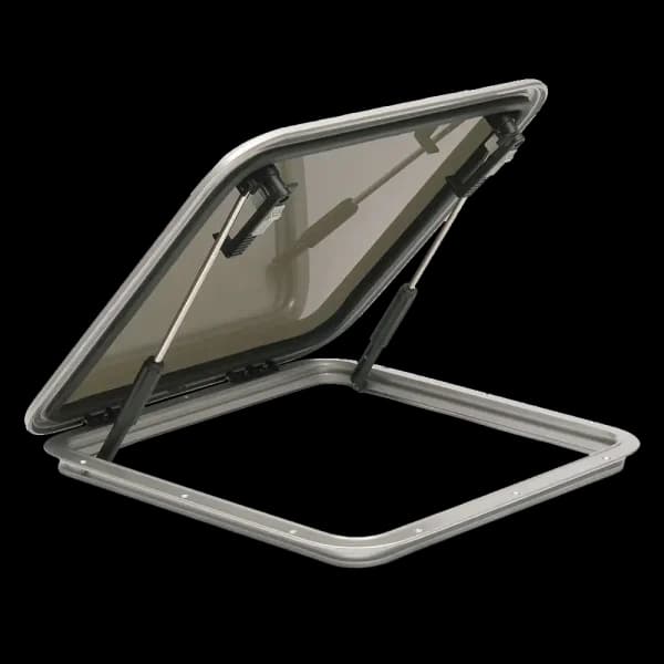 Bomar A&P Series Low Profile 13 3/8″ x 18 1/2″ Rectangle Extruded Aluminum Hatch - Color: White | Lens Color: Smoked | Hinge Type: Internal Plastic - Image 1